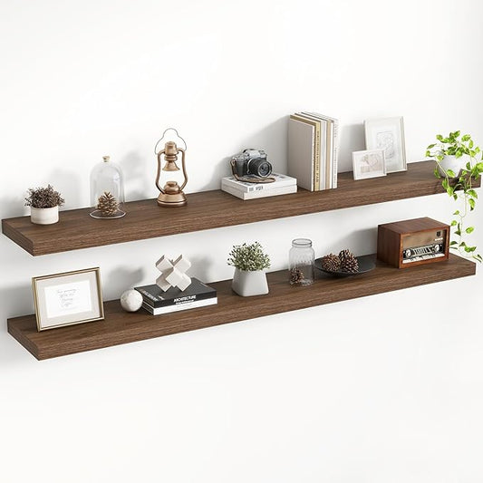 55 Inch Floating Shelves, 8 Inch Deep Floating Shelves for Wall, Hanging Shelf with Invisible Brackets, Deep Shelves for Bathroom, Bedroom, Living Room, Walnut, Set of 2