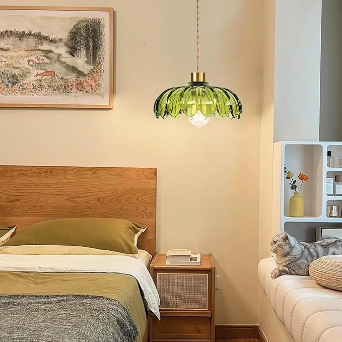 Plug in Pendant Light Hanging Lights with Plug in Cord Boho Hanging Lamp Glass Gold Mid Century Modern Vintage Dimmable Green Flower Plug in Chandelier Ceiling Fixture for Living Room,Kitchen