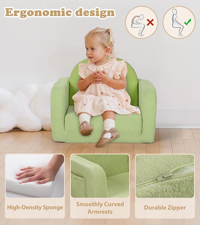 Kids Couch, 2-in-1 Soft Toddler Couch Fold Out with Blanket, Comfy Toddler Chair, Convertible Sofa, Gifts for Kids Girl Boys, Medium Green Rainbow