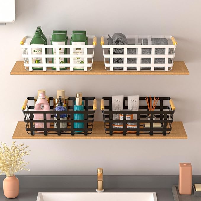 Large Metal Farmhouse Baskets,4 Packs Pantry Storage Baskets,Matte Black Food Organizer Storage Bin Basket with Wood Handles for Kitchen Cabinets Shelf Pantry