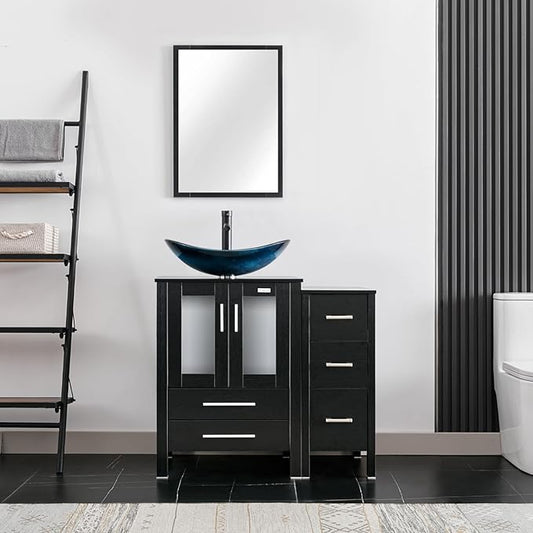 eclife 36" Modern Bathroom Vanity Sink Combo Freestanding Cabinet with Small Side Cabinet, Blue Boat Glass Vessel Sink, Water Save Faucet, Drain (Black+A29BU)