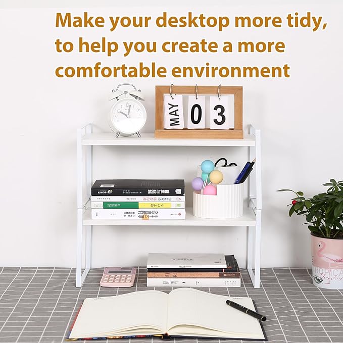 YGYQZ Desk Organizer Shelf，2 Tier Detachable Table Top Bookshelf, Freestanding Display Shelf for Office, Dormitory, Home,White+White