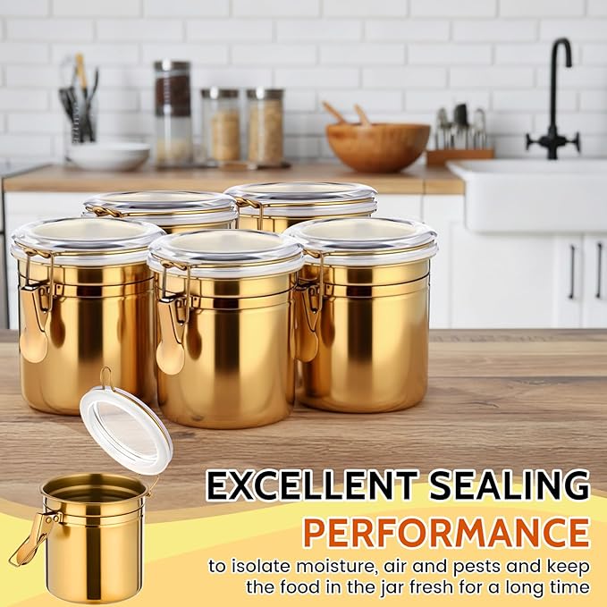 6 Pcs Stainless Steel Food Storage Containers Set Airtight Kitchen Canisters Coffee Jar with Clear Lid and Locking Clamp for Coffee Bean, Tea, Flour, Sugar, Cookie Storage(27 oz)