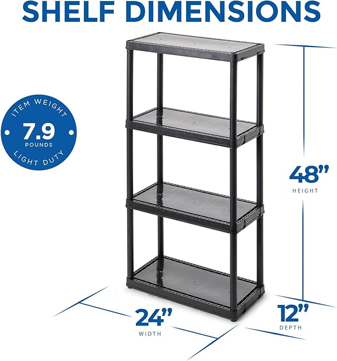 Gracious Living 4 Shelf Fixed Height Solid Light Duty Storage Unit 24 x 12 x 48" Organizer System for Home, Garage, Basement, and Laundry, Black
