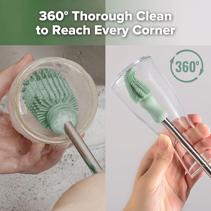 Silicone Cleaning Brush Kit - Baby Bottle Brush Cleaner for Breast Pump,Nipple,Breast Milk Storage Bag,Reusable Straw,Sippy Cup - Food Grade Silicone Bristles, Portable - 3 Pcs - Pea Green