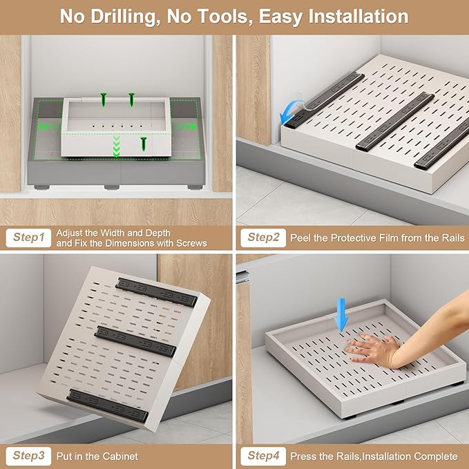 2Pc Pull out Cabinet Organizer,Width (14"-21"),Depth(17"-24") Expandable with 3 Rails,No Drill Roll out Drawers,Adhesive Sliding Drawers,Slide out Shelves for Cabinets Without Lip,Kitchen,Pantry,White