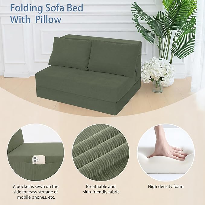 Sofa Bed Foldable Mattress ，Folding Sleeper Sofa Chair Bed Floor Mattress with Pillow for Living Room Home Office (Green-Corduroy, Twin)