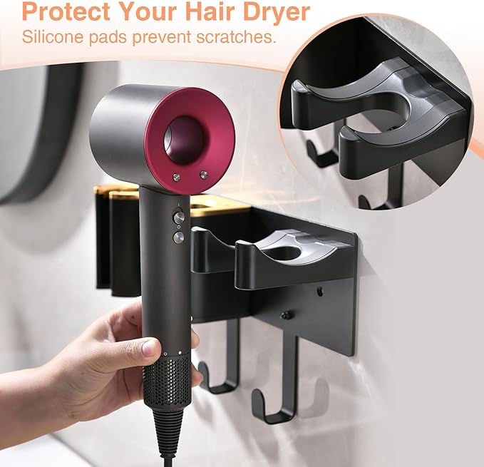 Hair Tool Organizer Wall Mount, Hair Dryer Curling iron Organizer, Flat Iron Straightener Holder, Aluminum Alloy & ABS plastic, Black and Gold (Not Including Hair Tools)