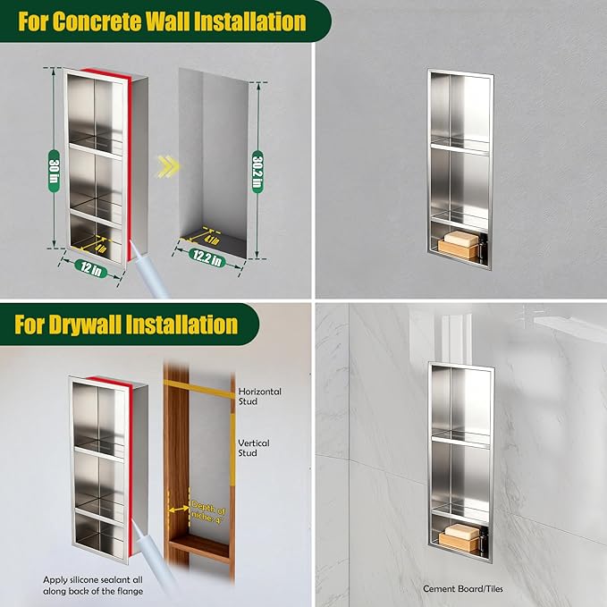 EasyVibe 3-Tier 304 Stainless Steel Shower Niche 30 x 12 Inch, No Tile Needed Large Recessed Wall Insert with Three Shelves, Brushed Metal Waterproof Storage for Bathroom & Wet Room, Sliver
