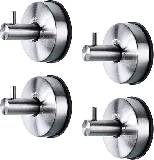 YOHOM Vacuum Suction Cup Hooks Shower Towel Holder Bathroom Shower Hook Brushed Stainless Steel Suction Towel Rack Kitchen Storage Organizer for Bathrobe Loofah Washcloth 4Pcs