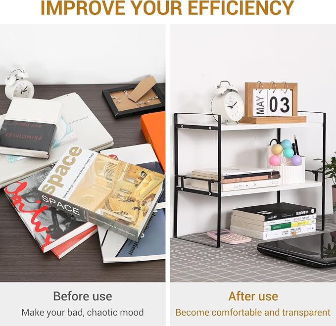 YGYQZ Desk Organizer Shelf，2 Tier Detachable Table Top Bookshelf, Freestanding Display Shelf for Office, Dormitory, Home,White+Black