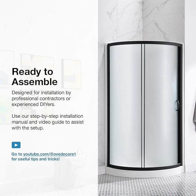 OVE Decors Breeze 34 in. Corner Shower Frosted Sliding Door with Base in Black