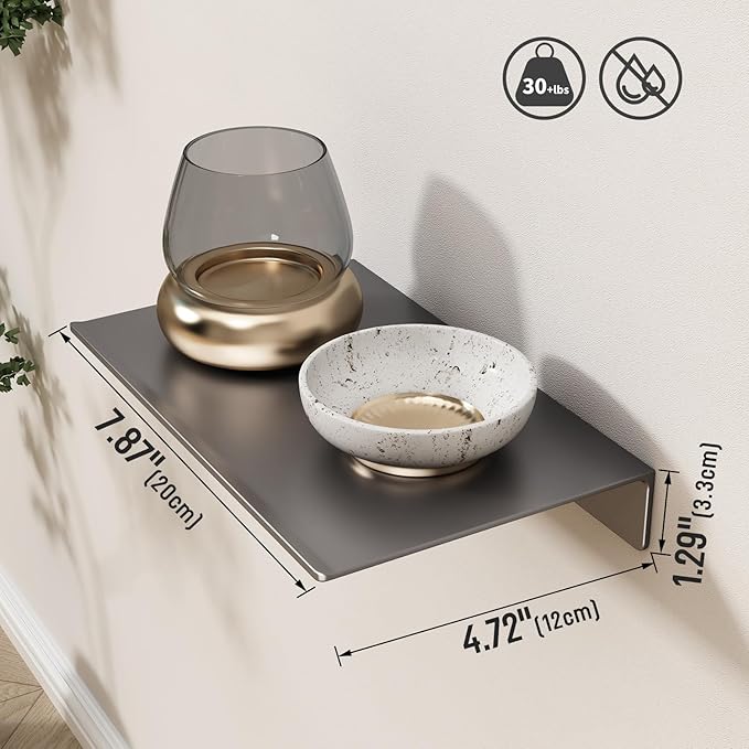 Danpoo Grey Floating Shelves for Wall Storage, Metal Wall Shelves for Living Room, Bathroom, Kitchen, Small Display Shelves for Collectibles, 8”(2 PCS)