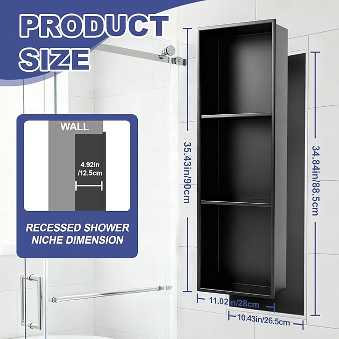 LEIFIDE 36 x 12 Inch 3 Tiers Shower Niche 304 Stainless Steel Shower Niche No Tile Needed, Recessed Shelf for Bathroom Wall, Home Bathroom Storage, Matte Black