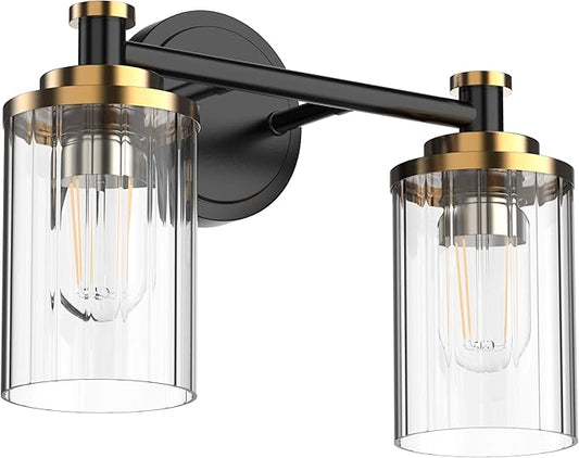 Bathroom Lighting Fixtures Black and Gold Bathroom Vanity Light with Cylindrical Clear Stripes Glass Lampshade E26 Socket Base Bathroom Lighting Fixtures Over Mirror (2 Lights)