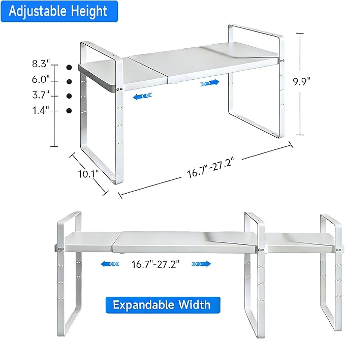 Expandable Cabinet Shelf Organizer, Stackable Kitchen Pantry Counter Storage, Adjustable Closet Cupboard Stand Rack Risers Spice Organization 80LBS Heavy Duty White Large 2 Pack