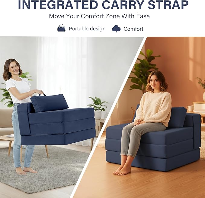 Tiita Folding Sofa Bed Chair, 4-Fold Convertible Sleeper Chair with Lumbar Pillow, Washable Cover & Side Pocket, Floor Couch Bed with Raised Seat, Single Size for Small Spaces, Navy