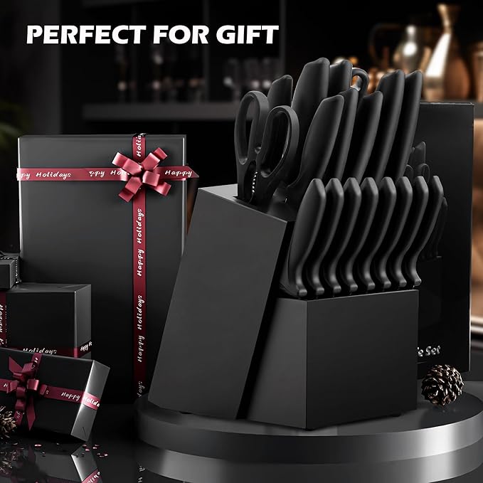 Knife Set, KroWallu 20 Pieces Knife Sets for Kitchen with Block, Dishwasher Safe Kitchen Knife Set with Built-in Sharpener, Japanese Stainless Steel Black Knife Block Set