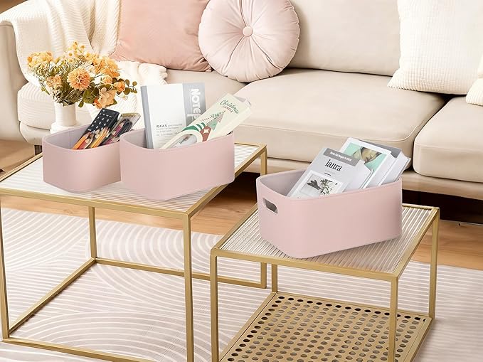 HofferRuffer Faux Leather Storage Baskets Bins with Velvet Lining for Organizing, Storage, Gifts, Set of 3 Nesting Shelf Baskets Decorative Storage Boxes for Home Organization (Pink)