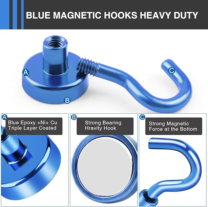 LOVIMAG Magnetic Hooks，30Lbs Magnet Hooks for Cruise Cabin, Magnetic Hooks for Hanging, Fridge, Classroom, Refrigerator, Ceiling, Office, Kitchen. Grill, Garage-6 Pack of Blue