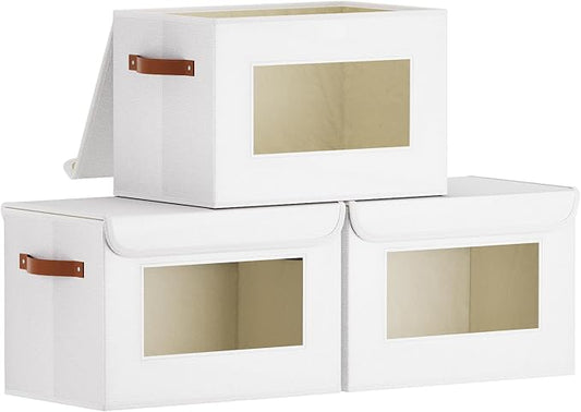 Foldable Storage Baskets with Lids, 13 x 9.1 x 7.9 Inch Closet Organizers for Sock Hat Blanket, Fabric Storage Boxes with Handles, White, 3-Pack