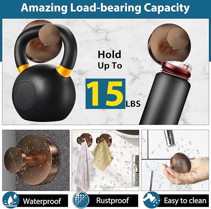 Suction Cup Hooks for Shower, 2 PCS No-Drill Towel Holder for Bathrooms Wall, Glass Door, Mirror, Tiles, Kitchen, Hold Robe & Wreath, Hanging up to 15 lbs – Waterproof & Rustproof, Loofah-Gold Rose