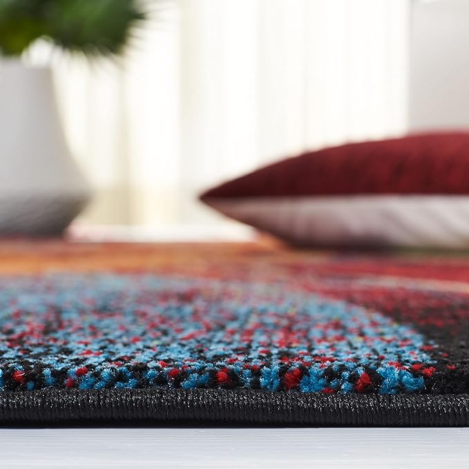 SAFAVIEH Glacier Collection Area Rug - 4' Round, Red/Green, Geometric Design, Plush 1.2 Inch Thick Ideal for High Traffic Areas in Living Room, Bedroom, Dining (GLA126Q)