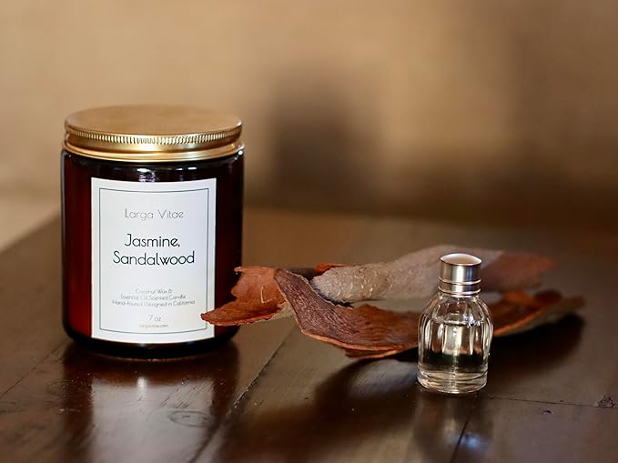 Jasmine, Sandalwood Coconut Wax Candle Non Toxic Aromatherapy Candle with Essential & Prime Rated Natural Fragrance Oils, Clean Burning Amber Jar Candle, 7 oz Small Batch