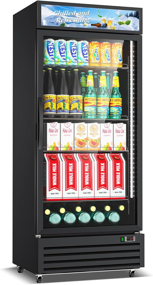 Commercial Beverage Refrigerator with Glass Door, 21.2 Cu.Ft Display Fridge Beverage Cooler with Customizable Lightbox Adjustable Shelves, Drink Fridge Merchandiser for Restaurant Shop, Black