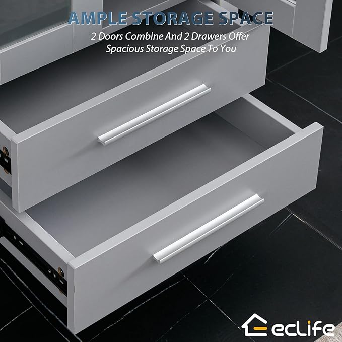 eclife 60" Modern Bathroom Vanity Sink Combo Freestanding Cabinet with Small Side Cabinet, Brown Round Glass Vessel Sink, Water Save Faucet, Drain (Gray+A09)