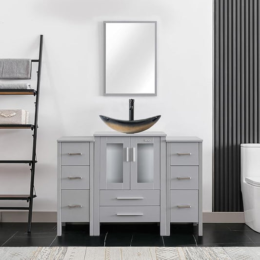 eclife 48" Modern Bathroom Vanity Sink Combo Freestanding Cabinet with Small Side Cabinet, Champagne Boat Glass Vessel Sink, Water Save Faucet, Drain (Gray+A29CH)