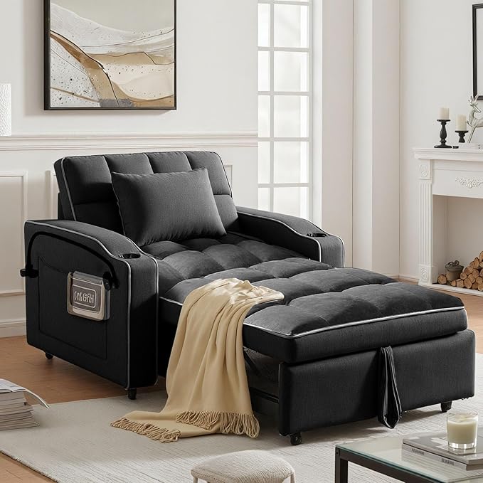 Convertible Sleeper Chair Bed, Pull Out Chair Sleeper with Bracket and Cup Holder, Chairs Bed Sleepers for Adults, 3 in 1 Sofa Bed Chairs for Small Spaces, Living Room, Black