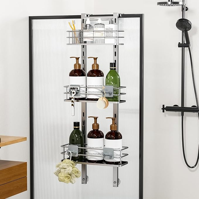 Orimade Adjustable Hanging Over the Shower Door Caddy with Hooks, Bathroom Organizer Shelf Storage Rack,No Drilling Rustproof Basket for Inside Shower, Sliver 3 Tier