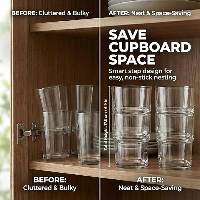 Stackable Drinking Glasses Set of 6 - 13oz Clear Glass Tumblers
