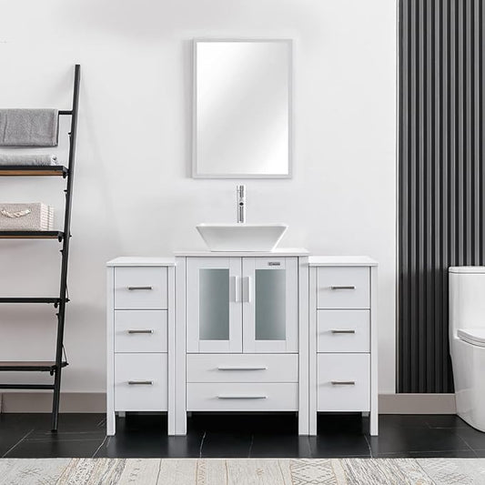 eclife 48" Modern Bathroom Vanity Sink Combo Freestanding Cabinet with Small Side Cabinet, White Square Ceramic Vessel Sink, Water Save Faucet, Drain (White+A07)