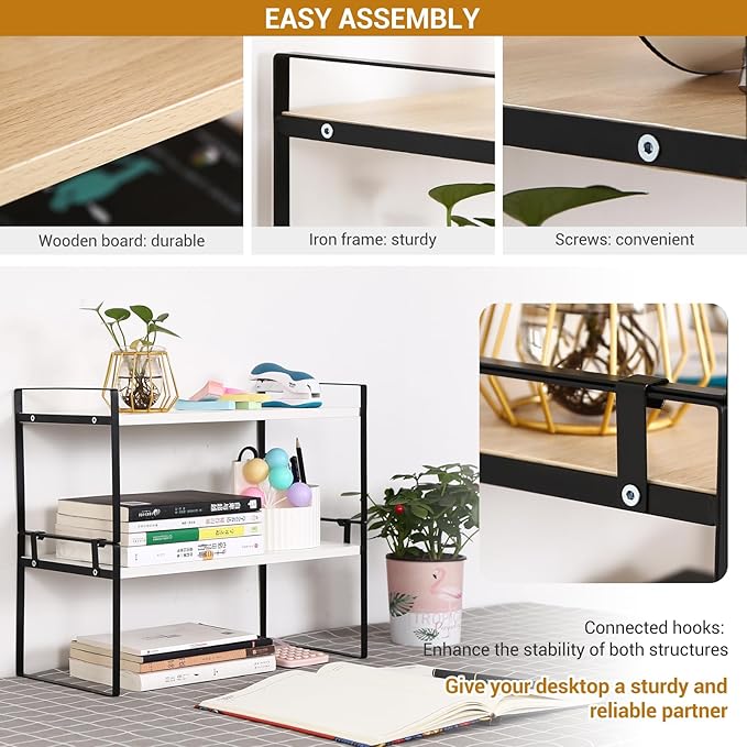 YGYQZ Desk Organizer Shelf，2 Tier Detachable Table Top Bookshelf, Freestanding Display Shelf for Office, Dormitory, Home,White+Black
