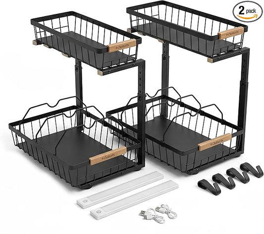 Under Sink Organizer, 2 Pack, 2 Tier Sliding L-Shaped Carbon Steel Rack with Adjustable Height, Motion-Activated LED Lights, Dividers & Hooks (Black)