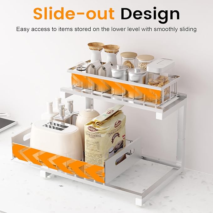 Under Sink Organizer, Heavy Duty Meta Slide Out Sink Shelf Organizer Height Adjustable, Multi-Purpose Storage Shelf for Kitchen Bathroom (Silver,2Pack)