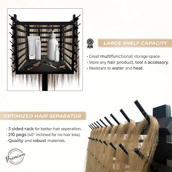Braiding Hair Rack, Hair Extension Holder, Hair Braiding Tools, Hair Product Organizer, Wooden 3-Sided Rack Stand, Large Capacity (210 pegs)