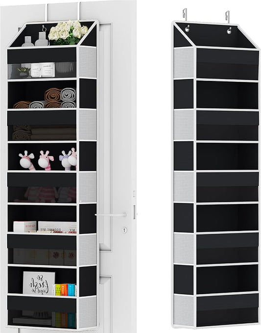 Over Door Organizer - Over The Door Storage Organizer with 5 Large Pockets & 10 Mesh Side Compartments - Heavy-Duty Hanging Storage for Bathroom, Bedroom & Nursery - Room Organizer Solution - Black