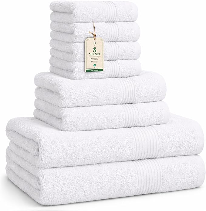 Luxe Set – Washcloths (30 x 30cm), Hand Towels (40 x 70cm) & Bath Towels (65 x 137 cm) – 100% Cotton, Soft, Absorbent, Easy Care, Versatile, (White)