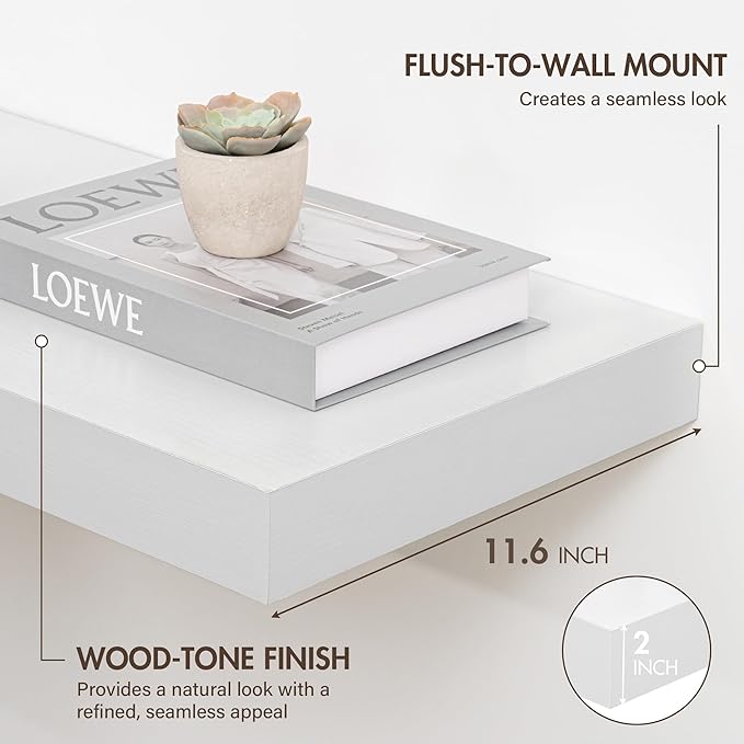 30 Inch Floating Shelves, 12" Deep Floating Shelf Wall Mounted, 30" Wall Shelves, Rustic Deep Bookshelf, Extra Deeper & Thicker Display Shelves for Bedroom, Living Room, White, Set of 2