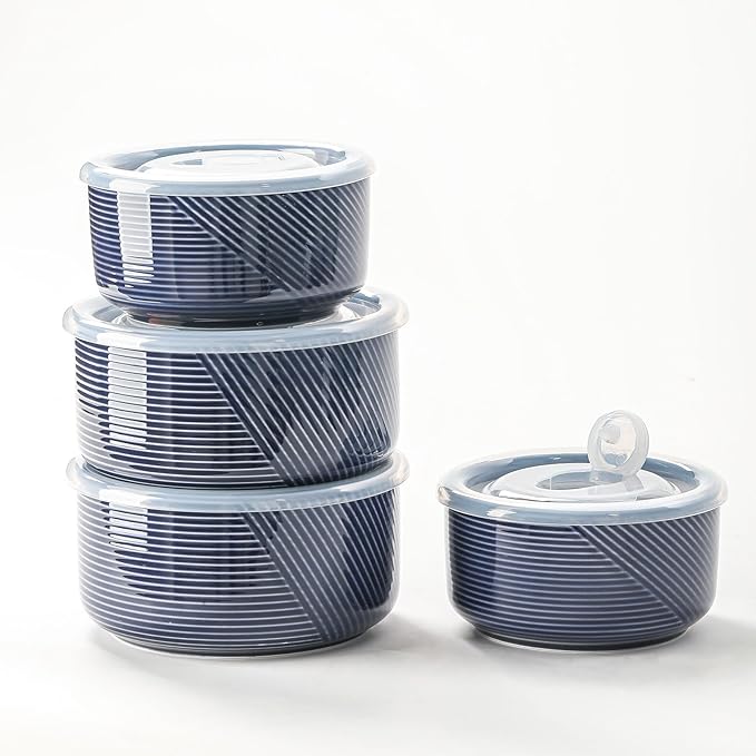 Ceramic Nesting Bowls with Lid: Microwave Safe Food Storage Containers for Work Lunch Picnic Camping Meal Prep Soup Salad Cereal Leftovers - 5 & 6 Inch, 20 & 32 oz, Set of 4, Navy