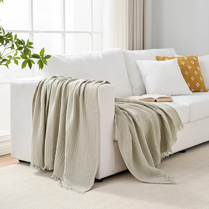 Muslin Blanket 100% Cotton Blanket Throw 50”x65”, Lightweight Breathable Summer Blanket Throw. Supersoft 4-Layer Gauze Throw Blanket for Sofa, Couch, Bed, All-Season Use, Oatmeal