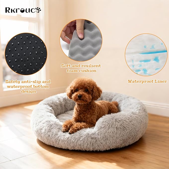 Fluffy Dog Bed Calming Donut Beds for Large Dogs Warming Round Small Medium Pet Nest Cozy Cat Mattress Indoor Washable Puppy Kennel Kittens Sleep Mat (L, 35.4×35.4 inch, Light Gray)