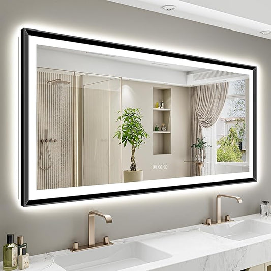 72x36 Black Framed LED Bathroom Mirror with Lights, Backlit and Front Light, Lighted Bathroom Vanity Mirror for Wall Dimmable Anti-Fog Memory Tempered Glass Horizontal/Vertical