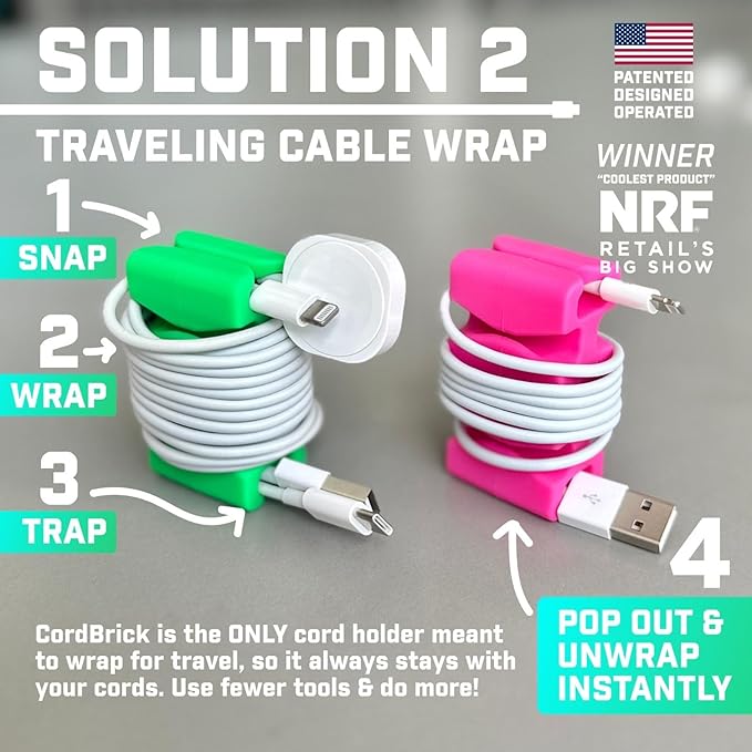 CordBrick Stocking Stuffers for Adults Cord Management Weighted Cord Holder Cable Wrap Phone Stand - Multiuse Gadget Organizer for Nightstand, Desk. Gift for Men, Durable Silicone. 2pk Coral