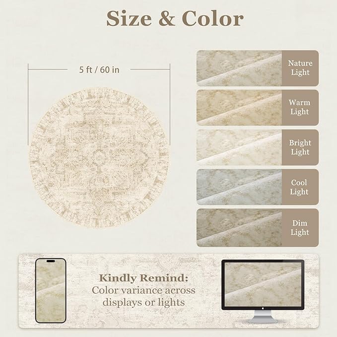Neutral Beige Round Rugs 5ft, Washable Non Slip Thin Circle Rugs for Bedroom Living Room, Traditional Medallion Printed Circle Carpet 5 feet for Kitchen Dining Room