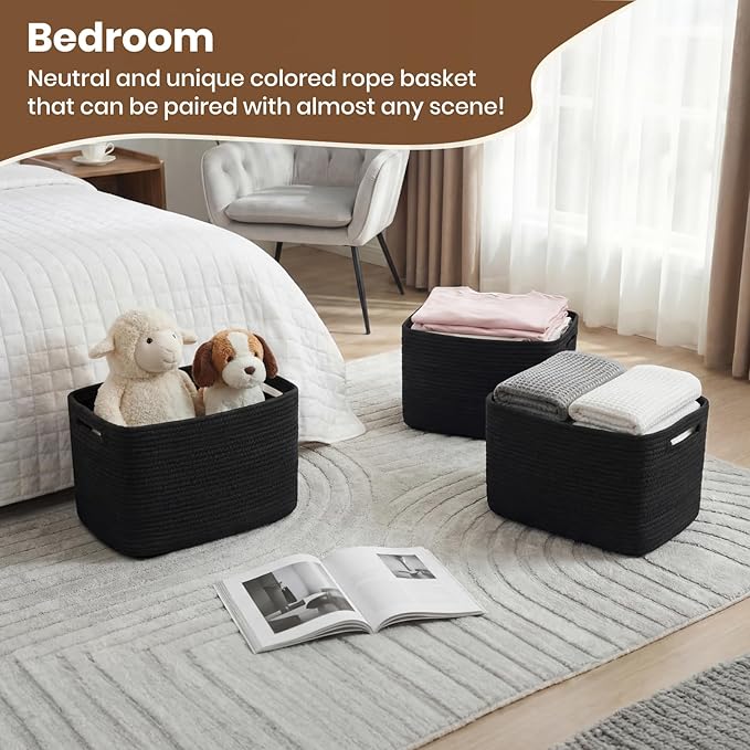 Storage Baskets for Organizing, 14 x 10 x 9” Closet Shelf Woven Baskets, Square Bins with Handles, Cotton Rope Basket for Toys, Clothes, Office, Room, Black 3 Pack