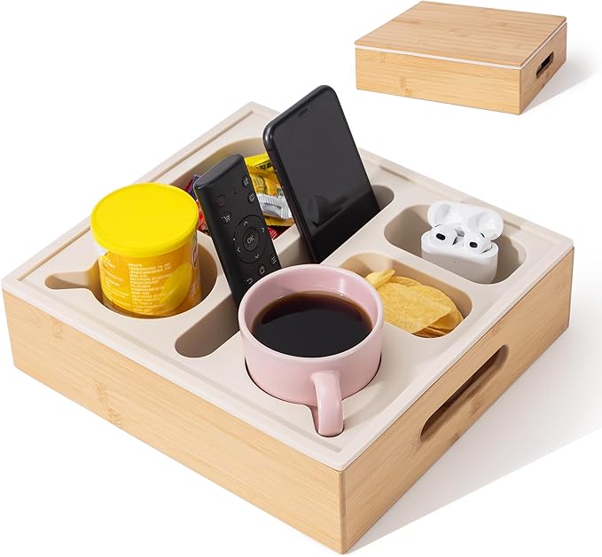 Couch Cup Holder with Lid, Silicone Bed Caddy with Cup Holder, Bed Organizer for Drinks, Snacks, Remotes, Bamboo Couch Caddy for Sofa, Bed and Car(Beige)